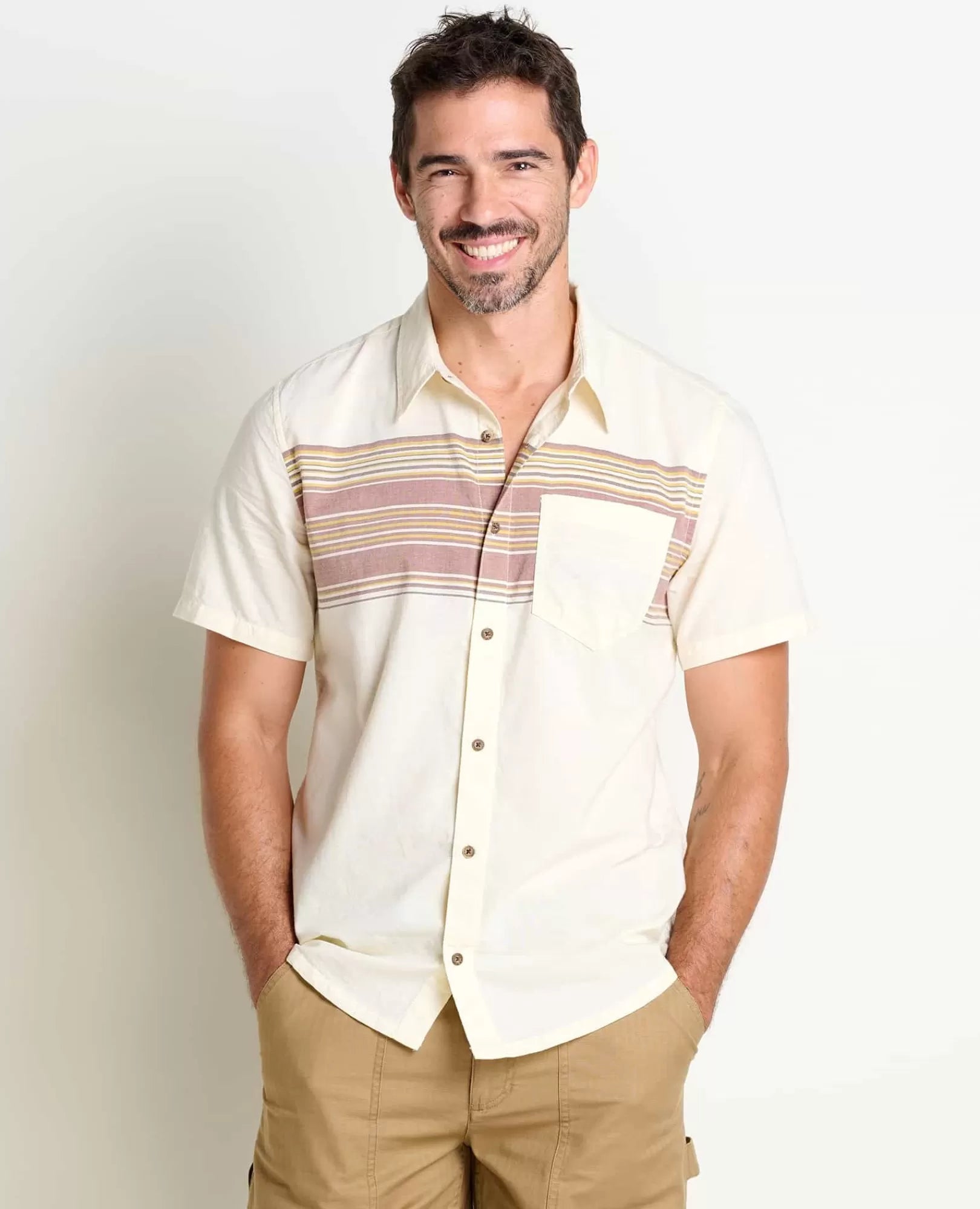 Airscape Organic Cotton Open-Weave Short Sleeve Shirt in Dark Roast Stripe