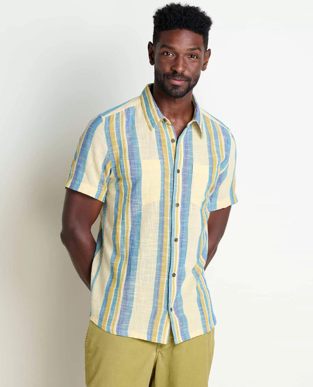 Salton Organic Cotton Slub Short Sleeve Shirt in Barley Stripe