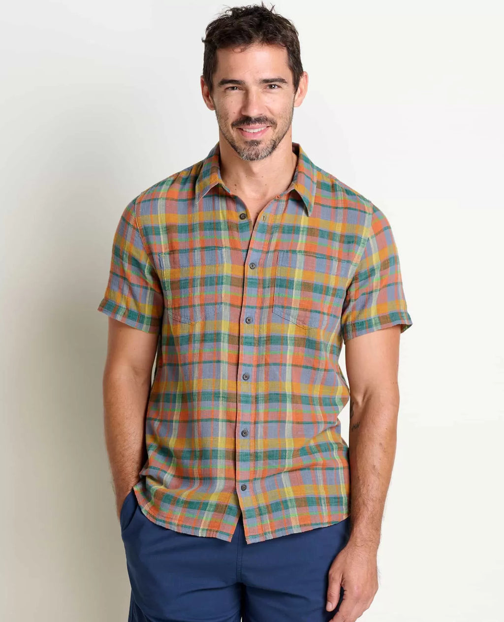 Salton Organic Cotton Slub Short Sleeve Shirt in Barley Stripe