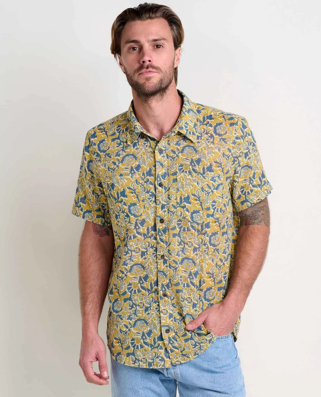 Salton Organic Cotton Slub Short Sleeve Shirt in Kelp Aloha Print