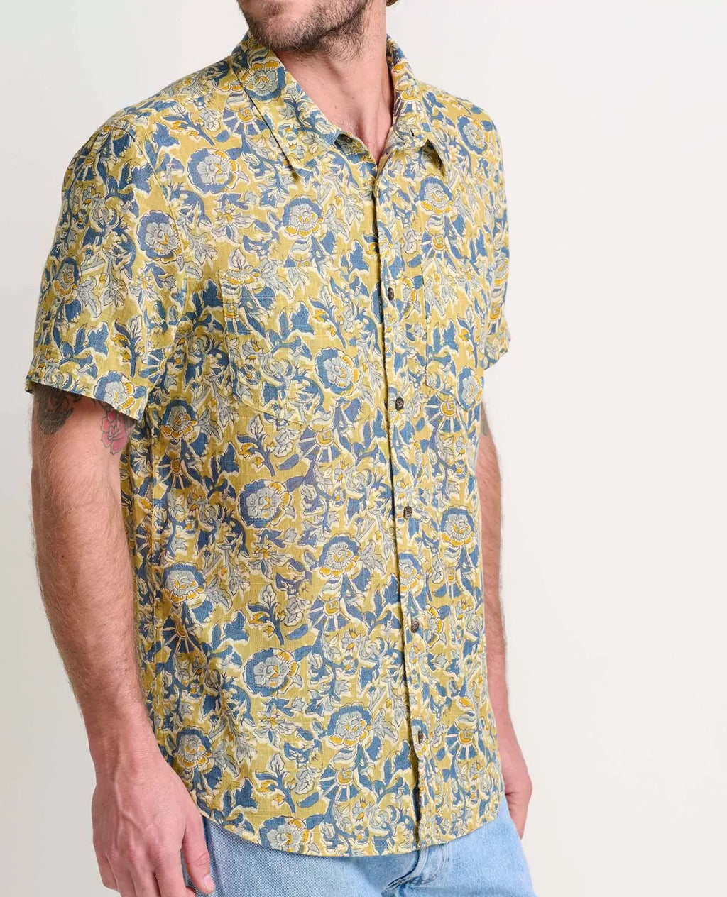 Salton Organic Cotton Slub Short Sleeve Shirt in Barley Stripe