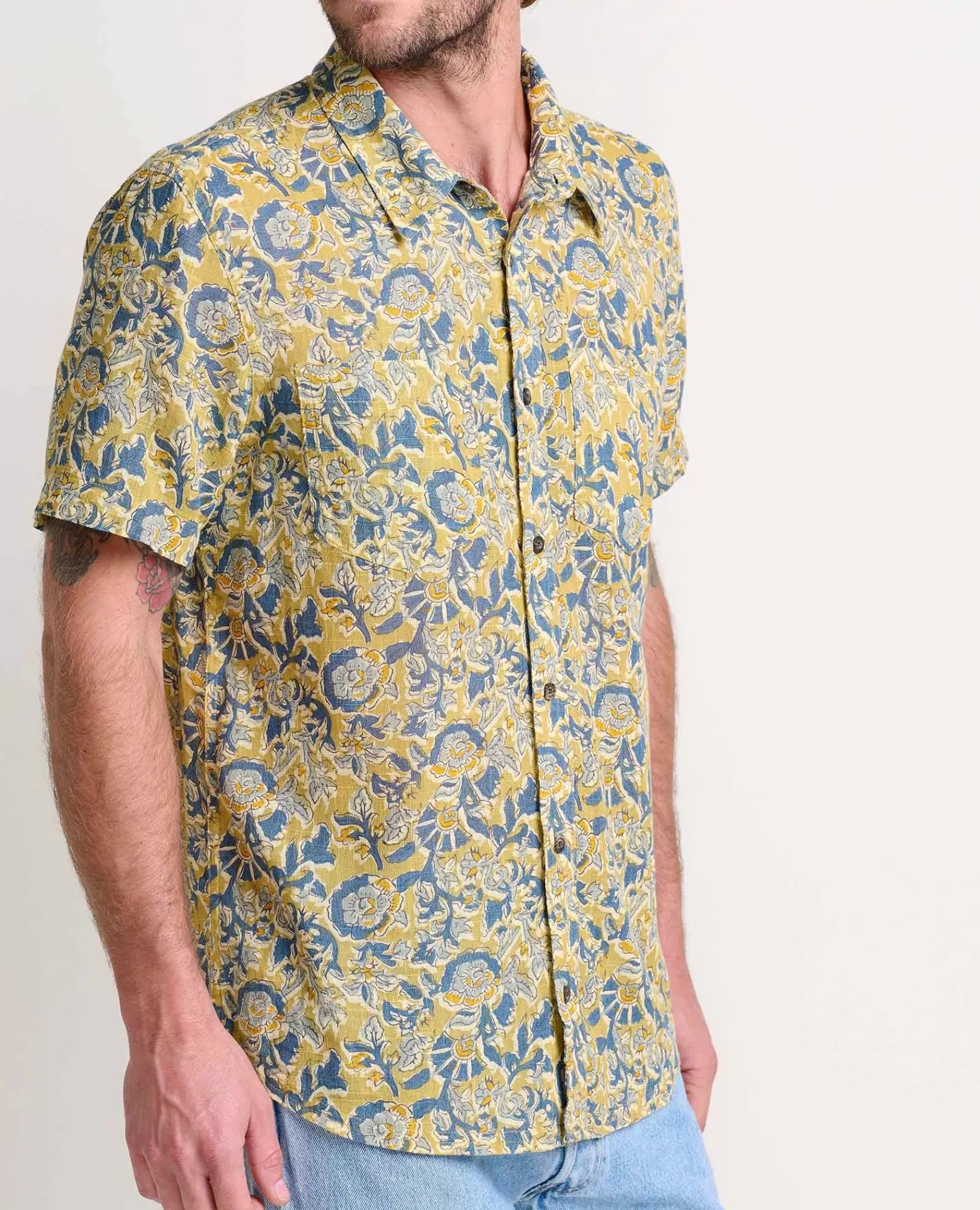 Salton Organic Cotton Slub Short Sleeve Shirt in Barley Stripe
