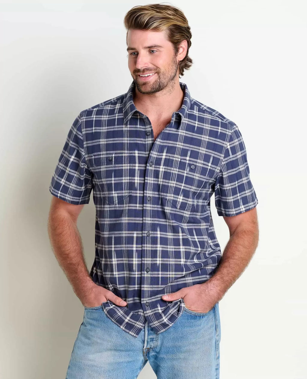 Smythy Organic Cotton Plaid Short Sleeve Shirt in True Navy II