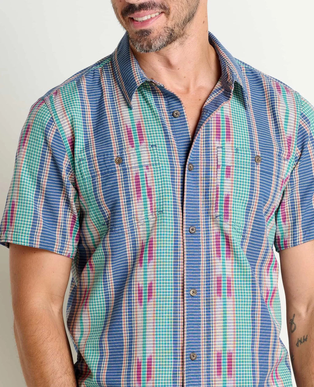 Smythy Organic Cotton Plaid Short Sleeve Shirt in True Navy II